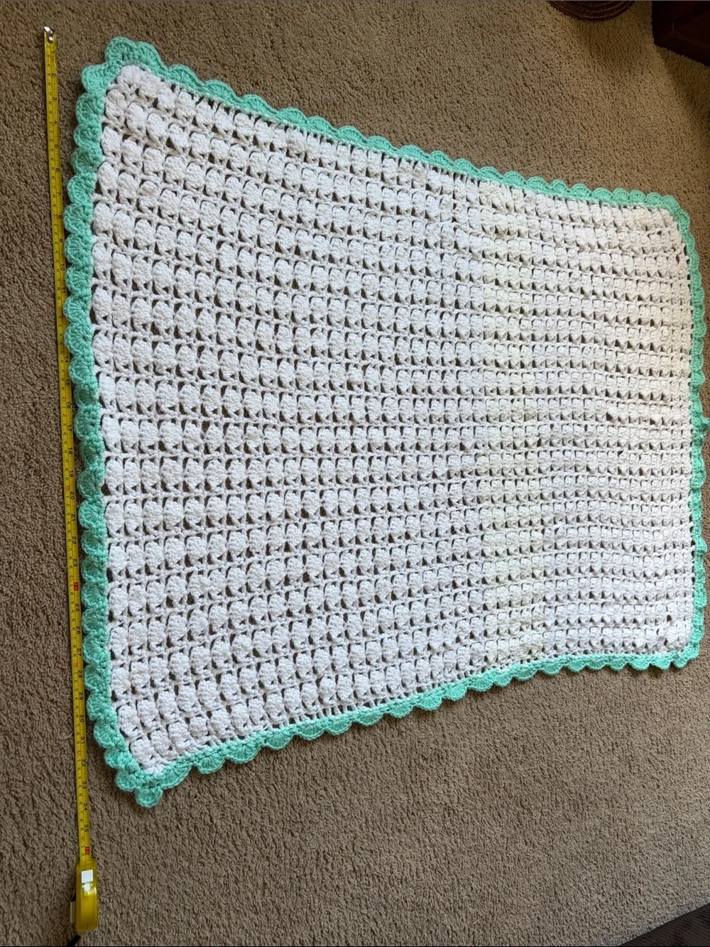Hand Made Crochet Baby Afghan Mint Green Scalloped edge